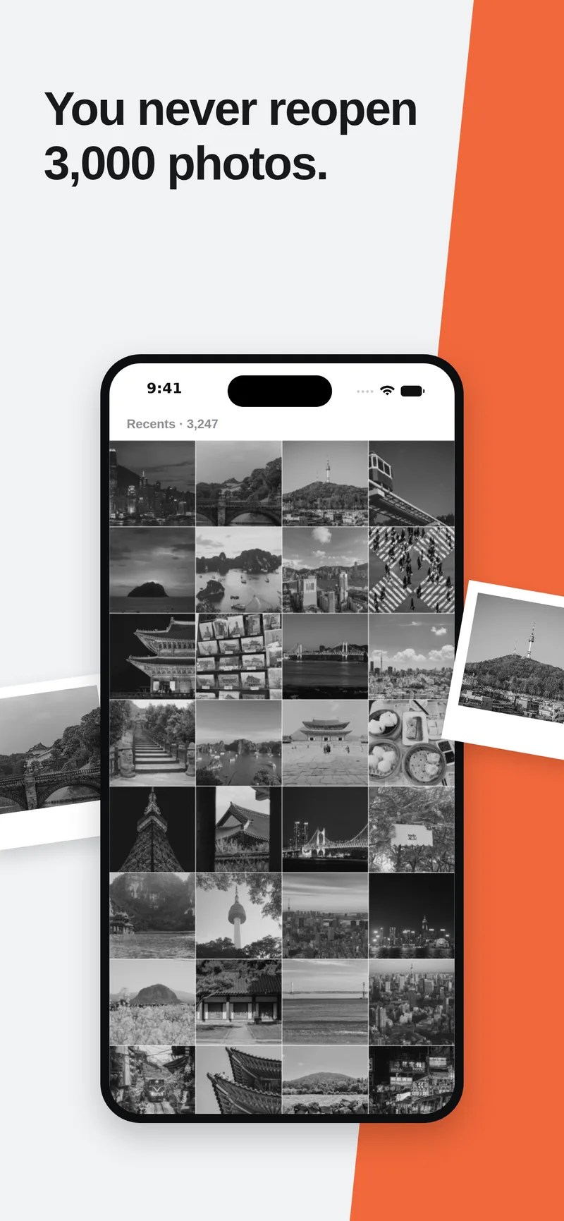 Photo album screen · you never reopen 3,000 photos